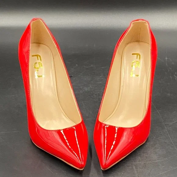 FSJ Red Bridal Pointed Toe Chunky Block Low Heel Crystal Pump - Picture 3 of 9